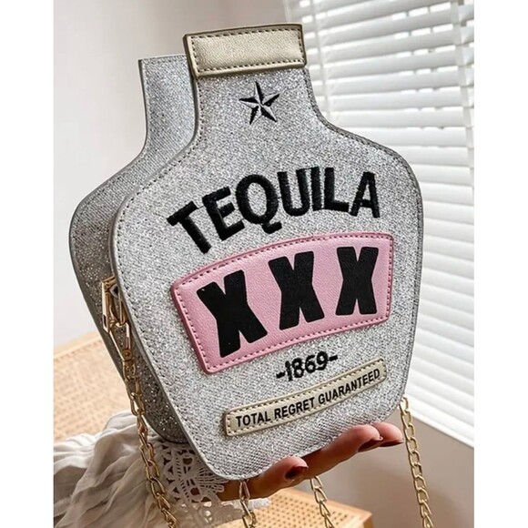 Sparkle Tequila Bottle Clutch Purse Silver Glitter Evening Bag 7x3x9 Inches - Picture 3 of 6